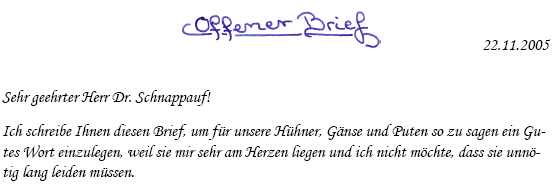 Beginn des offenen Briefes wegen der Stallpflicht